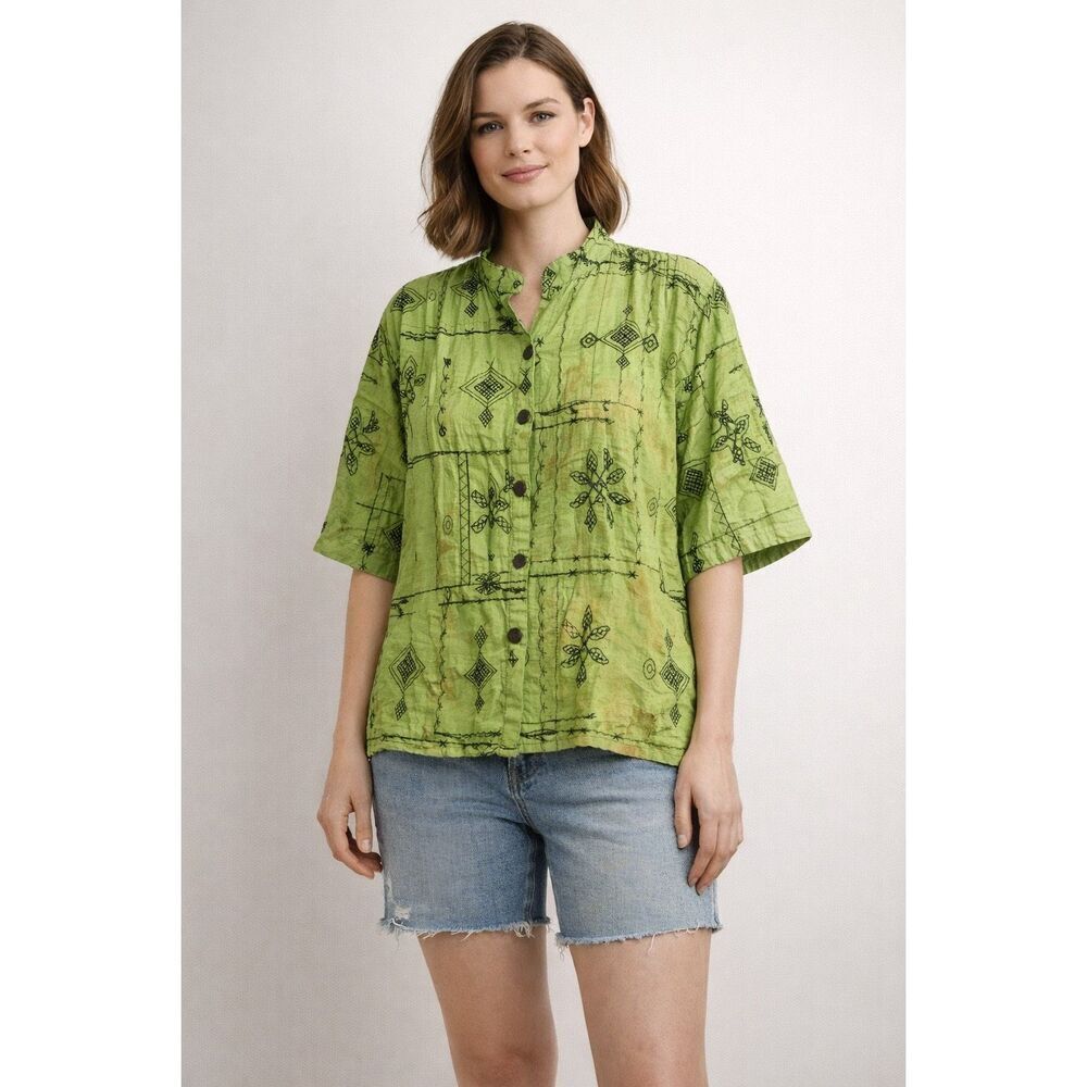 Vintage Bleu Bayou Silk Blouse Green Embroidered Button Up L